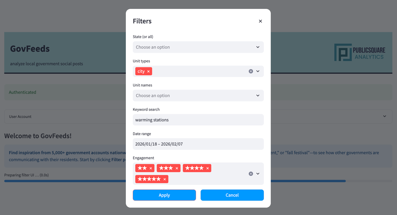 The GovFeeds filter modal configured to search for 'warming stations' among cities with 2+ star engagement.