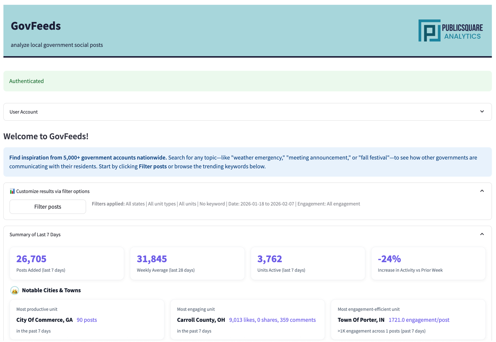 GovFeeds homepage showing the welcome banner, summary statistics, and notable cities and towns.