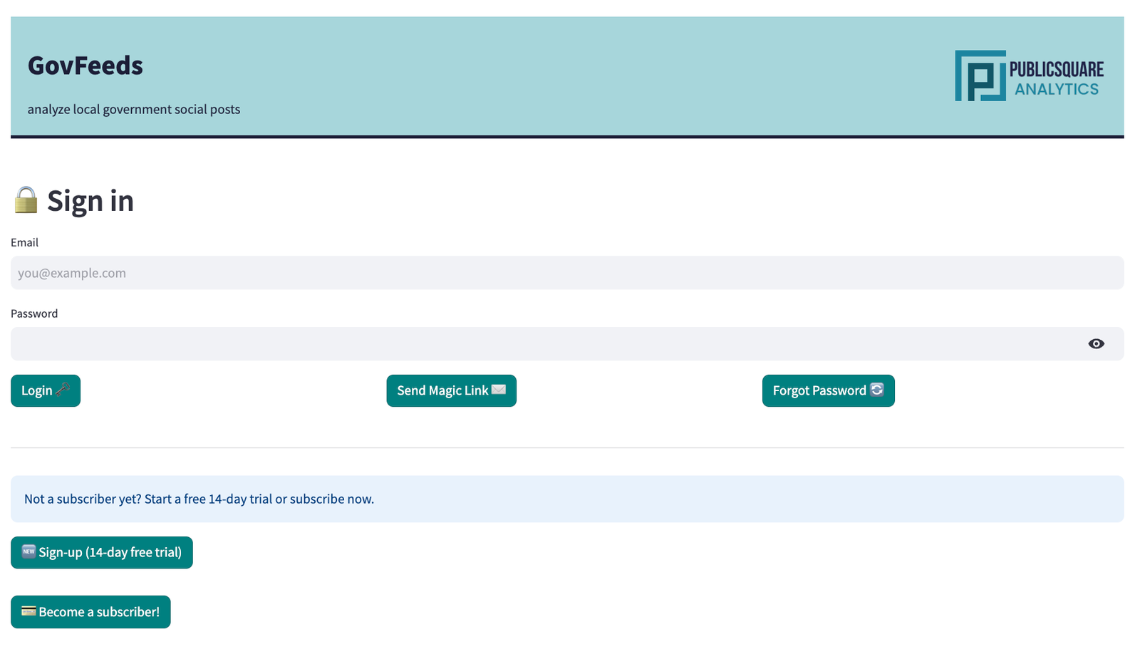 GovFeeds sign-in page showing email/password fields, Login, Send Magic Link, and Forgot Password buttons, plus sign-up and subscribe options at the bottom.