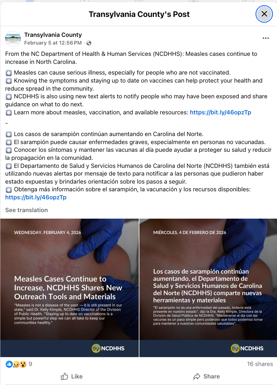 Transylvania County, NC sharing an NCDHHS bilingual alert about increasing measles cases with text-alert enrollment info.