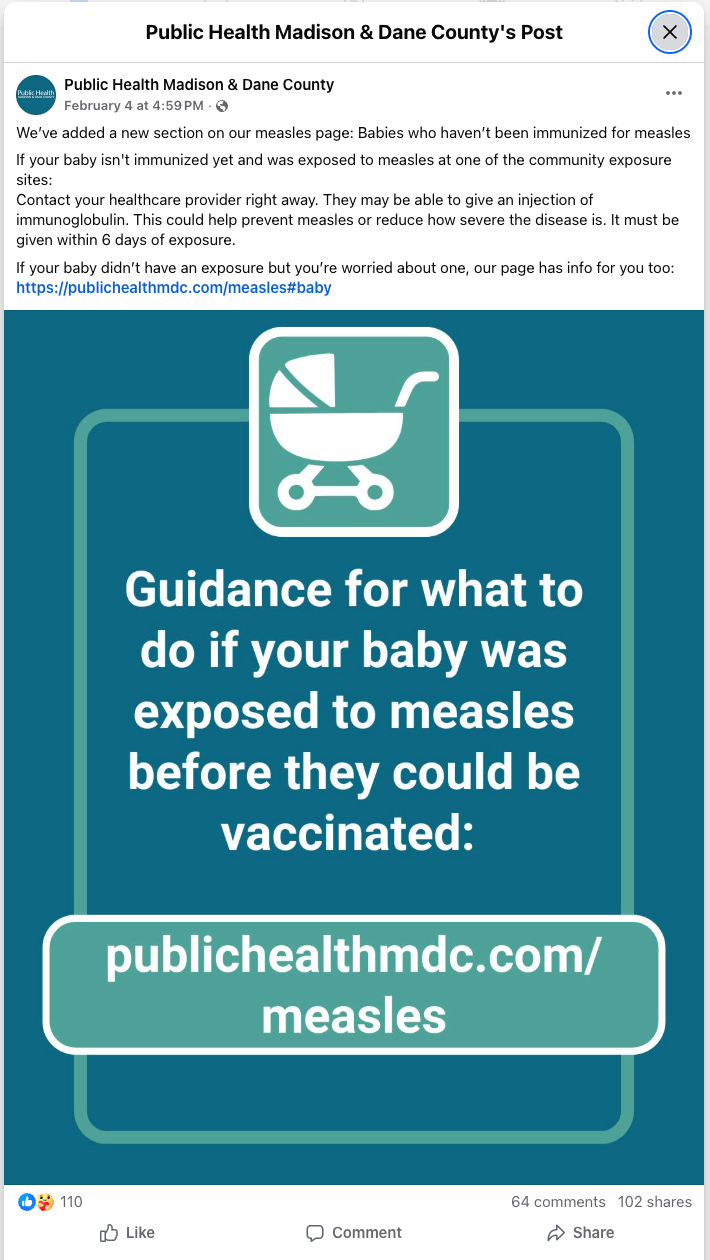 Public Health Madison & Dane County post with guidance for parents of babies exposed to measles, linking to publichealthmdc.com/measles.