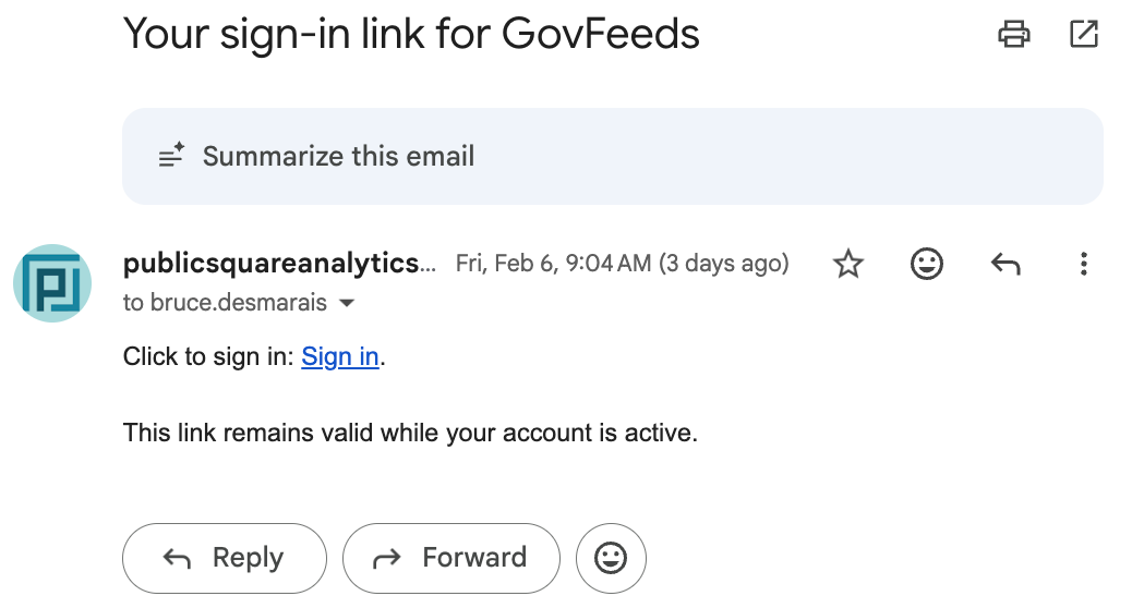 Email from publicsquareanalytics with subject 'Your sign-in link for GovFeeds' containing a one-click Sign in link.