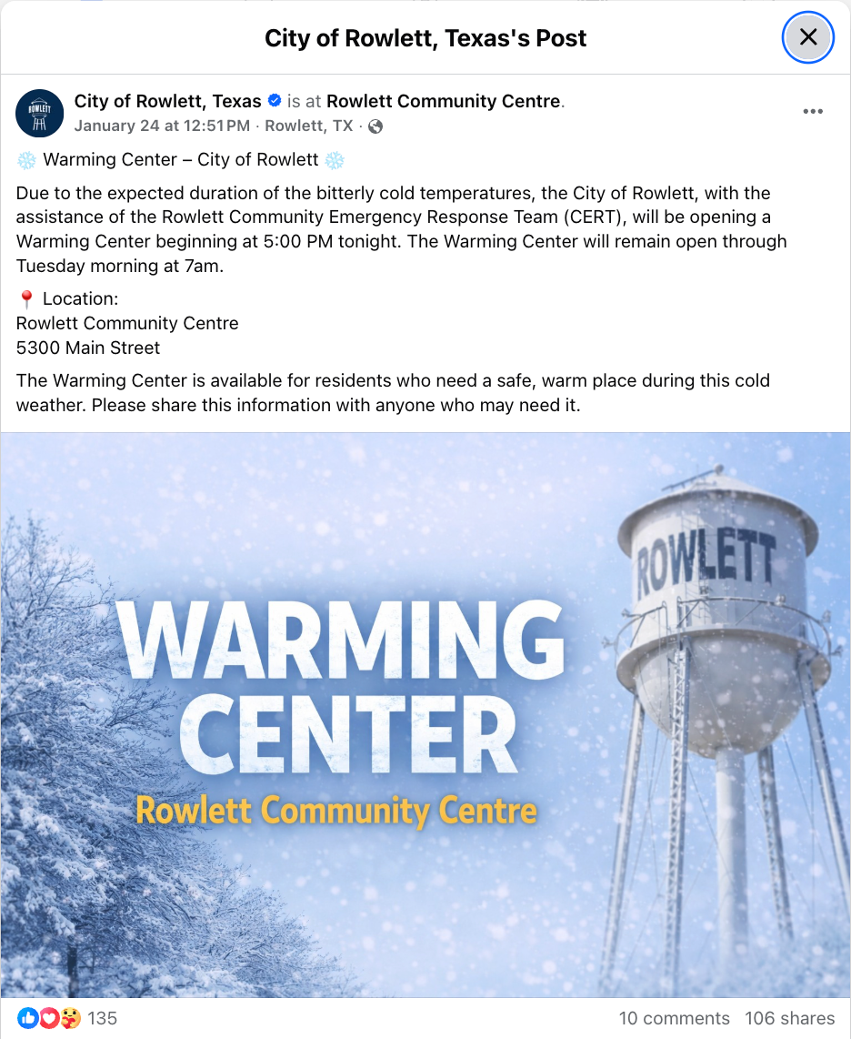 City of Rowlett, Texas post announcing a warming center at Rowlett Community Centre, with a large branded graphic.