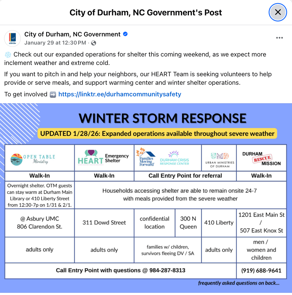 City of Durham, NC post with a detailed table of six shelter organizations, addresses, eligibility, and phone numbers.